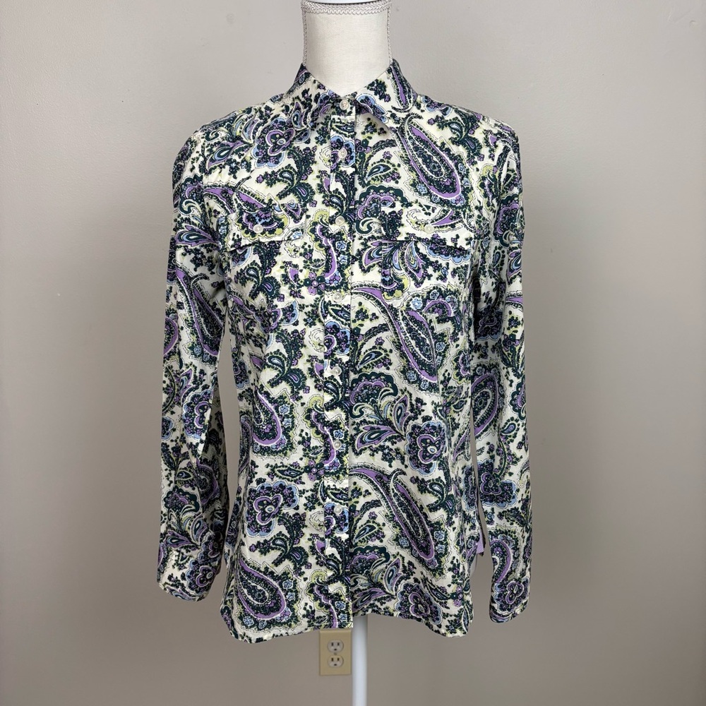 Talbots Top 6 White Multi Paisley Long Sleeve Button Front Shirt with Pockets